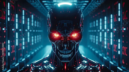 Evil robot with red glowing eyes is inside of data center. Postproducted generative AI illustration.