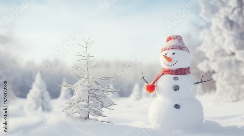 The Christmas snowman is in the middle of a snowy sunny forest. Christmas concept