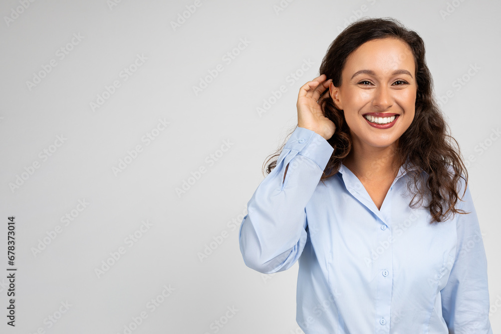 Cheerful millennial caucasian lady manager, teacher in formal wear look at camera Cheerful millennial caucasian lady manager, teacher in formal wear look at camera