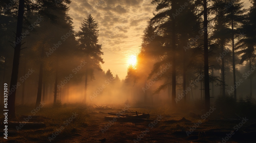 Sunrise in the Foggy Forest
