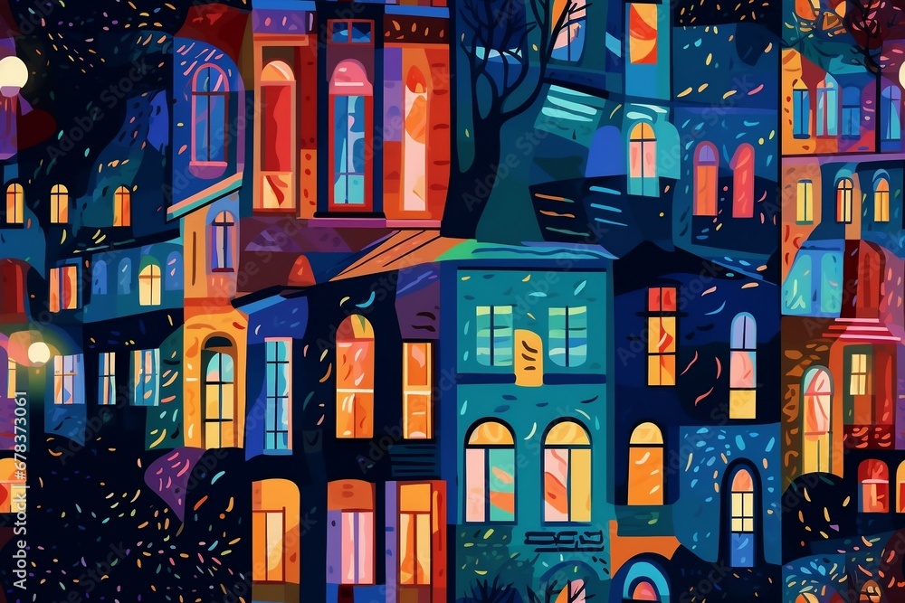 Seamless pattern: illustration of a European city street with houses and roofs, night scene, holiday mood. Generated AI