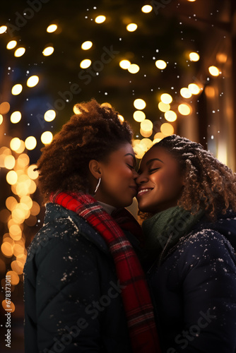 Loving afro black lesbian woman embracing on Christmas season - winter urban night lights - Xmas decoration - kissing her cheek near the mouth