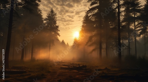 Sunrise in the Foggy Forest 