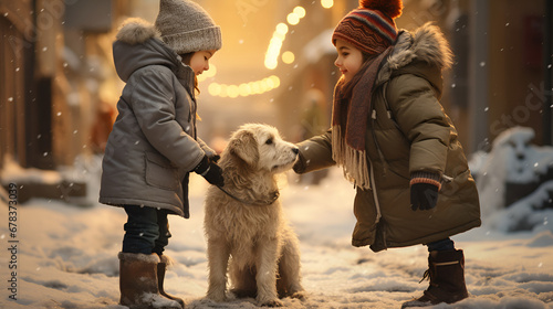 kids plaiyng with dog in winter town