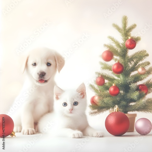 White kitten and puppy with christmas tree on a light background. © FERANSER