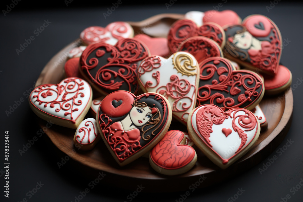 Сlose-up аestive heart shaped cookies decorated with intricate patterns and designs on a wooden tray, perfect for Valentine's Day