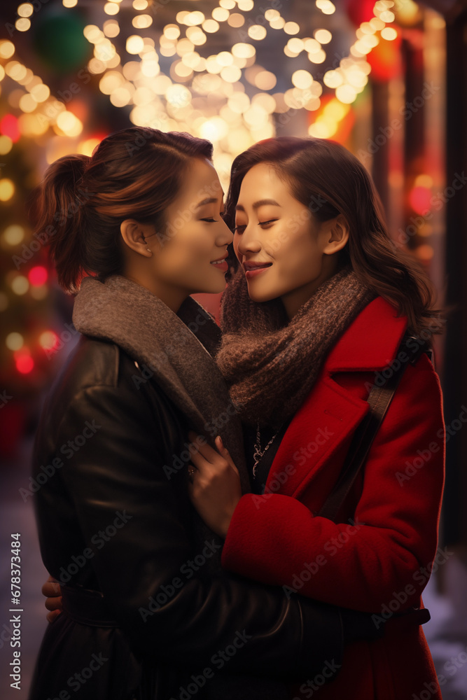 Two Asian gay woman couple about to kiss - passionate and in love - Christmas season lights - winter 