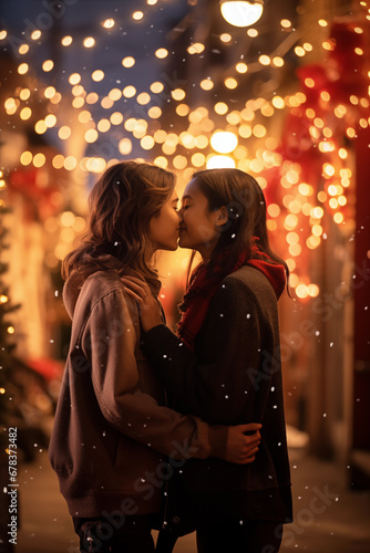 Two Asian girls kissing - lesbian gay couple in love - diversity -Xmas season © ana