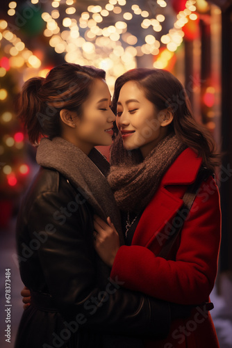 Two Asian gay woman couple about to kiss - passionate and in love - Christmas season lights - winter 