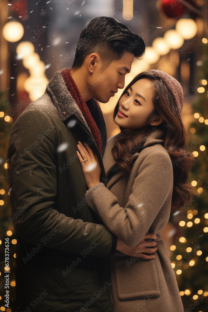 young Asian couple in love - Christmas Xmas season - decorated Christmas lights bokeh - about to kiss