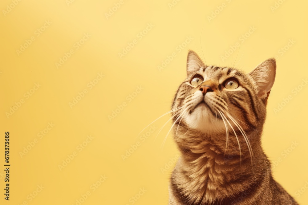 Cute cat looking up on a solid yellow background, Banner, Copy Space