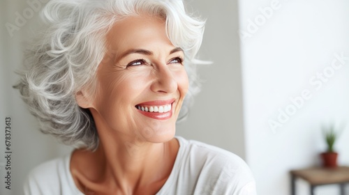  Beautiful gorgeous 50s mid age beautiful elderly senior model white woman at home with grey hair laughing and smiling. Mature old lady close up portrait, generative ai