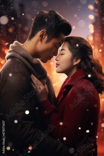 young Asian couple in love - Christmas Xmas season - decorated Christmas lights bokeh - touching foreheads 