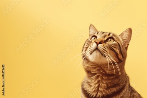 Cute cat looking up on a solid yellow background, Banner, Copy Space © Daniel