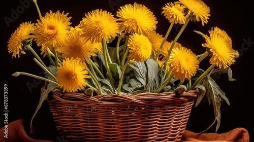 Bouquet of yellow dandelions in a basket on a black background. Springtime Concept with a Copy Space. Mothers Day Concept.