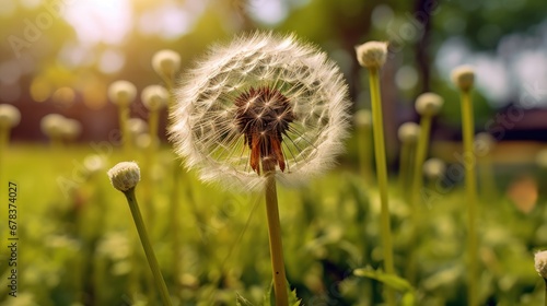 Dandelion seeds blowing in the wind on a green meadow. Springtime Concept with a Copy Space. Mothers Day Concept.
