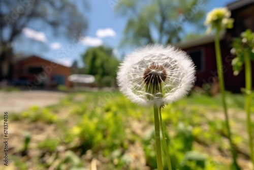 Dandelion on the background of the house in the village. Springtime Concept with a Copy Space. Mothers Day Concept.