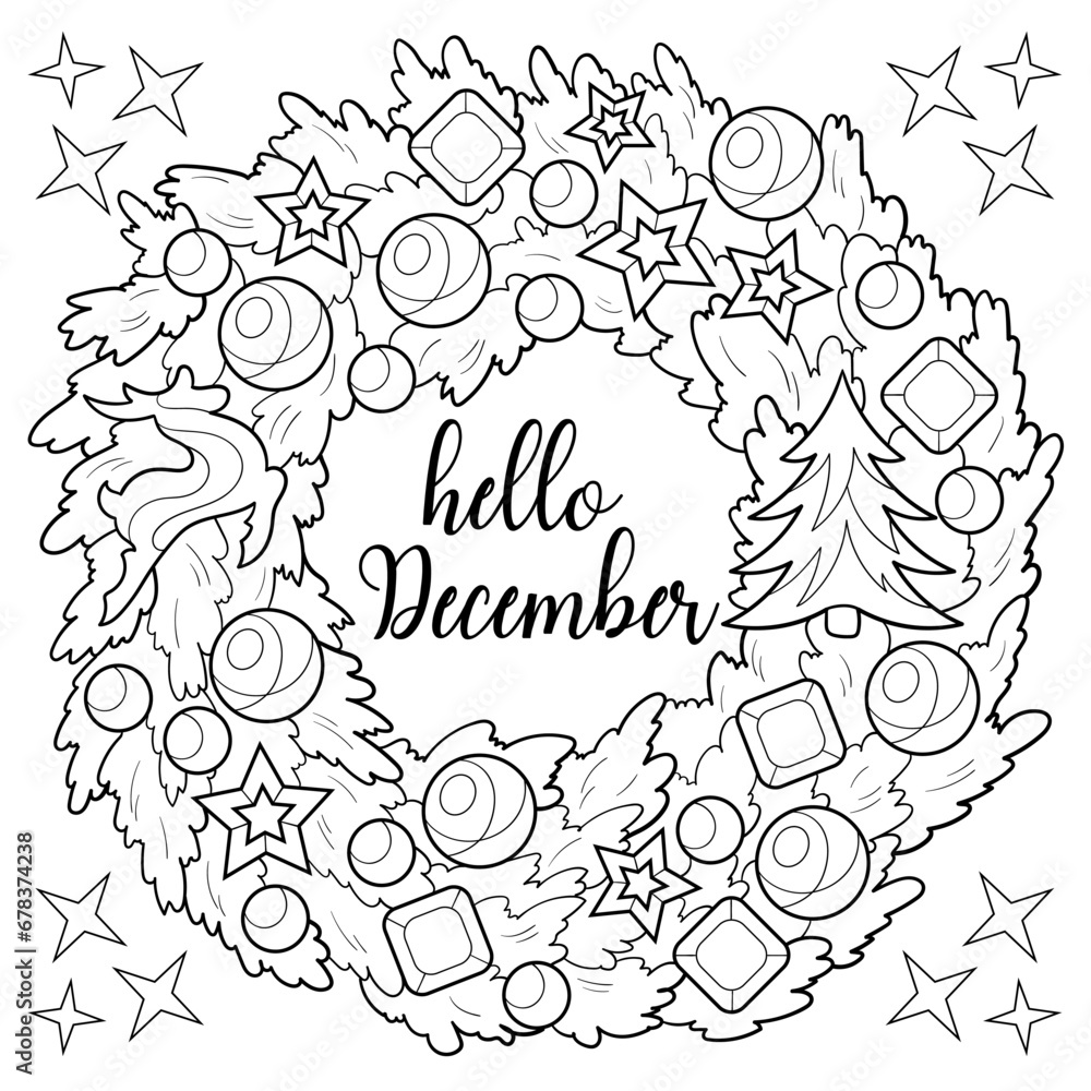 Hello December lettering writing inside the wreath coloring page. Fir branches, reindeer, Christmas balls and decorations. Printable family activity for holiday season. Greeting card Hello December lettering writing inside the wreath coloring page. Fir branches, reindeer, Christmas balls and decorations. Printable family activity for holiday season. Greeting card