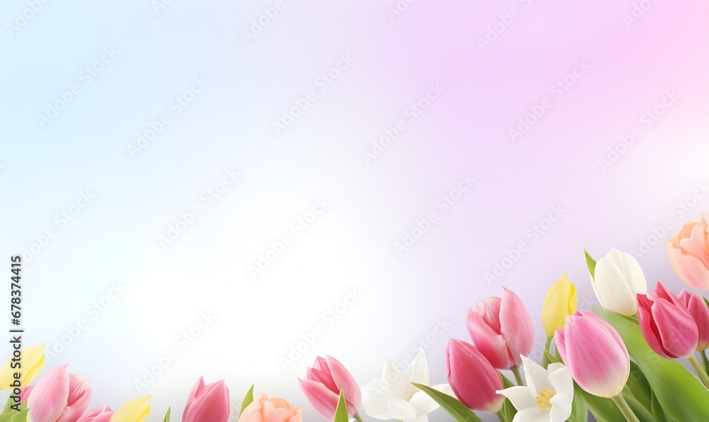 spring floral background with tulps and copy space. Generative AI