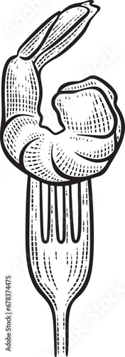 Black and white line drawing fork with shrimp illustration. Retro engraving for fish restaurant menus, packaging, logo