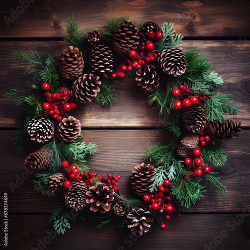 photo of Christmas pine, firry wreath, red berries, pine cones on a wooden background. Festive winter decoration background. Generative AI photo