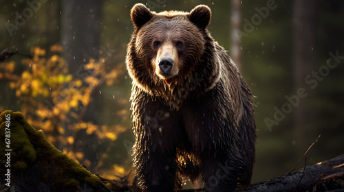 Wet Brown Bear in the Forest, Light Rain