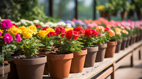 Rows of Colorful, Potted Flowers at the Nursery