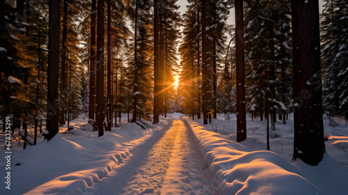 Sunset in the Forest, Snow Covered Path