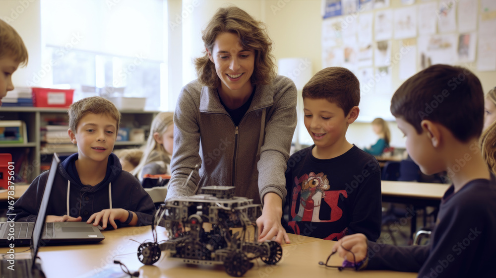 Fototapeta premium Teacher and students, mechanical robot programming, young students