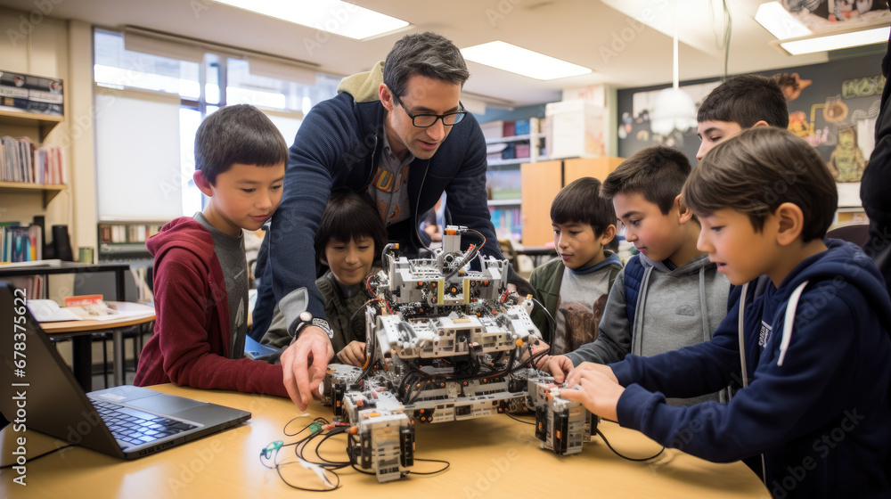 Teacher and students, mechanical robot programming, young students Teacher and students, mechanical robot programming, young students
