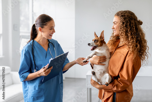Dog with female owner at vet consultation photo