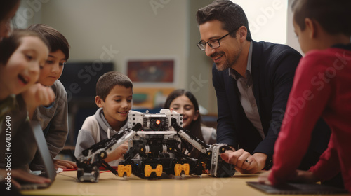 Teacher and students, mechanical robot programming, young students