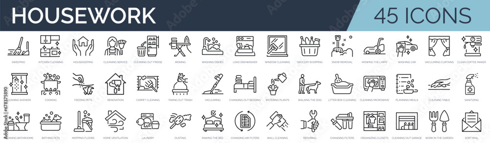 Set of 45 outline icons related to housework, housekeeping. Linear icon collection. Editable stroke. Vector illustration - obrazy, fototapety, plakaty 