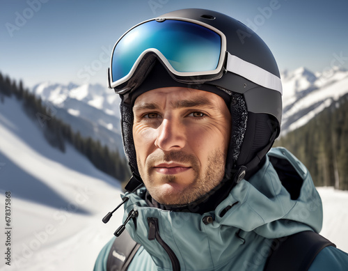 A portrait of a skier or snowboarder wearing a helmet and ski goggles with snowy mountains in the background.  © Dalew