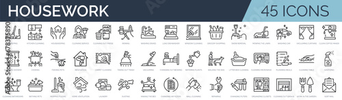 Set of 45 outline icons related to housework, housekeeping. Linear icon collection. Editable stroke. Vector illustration photo