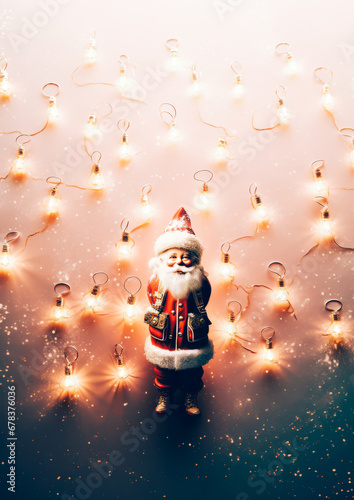 New Year and Christmas concept. Vintage Santa Claus. Festive decoration with lighting. Small lights that shine, strong shadows. Beige background. Small glass luminous ornaments. Festive decoration.