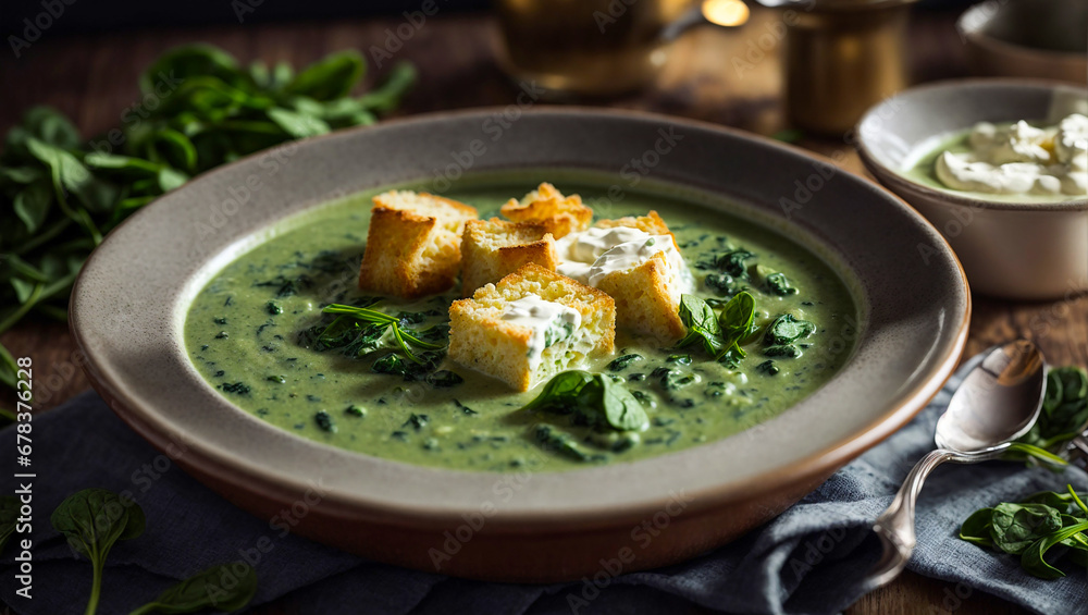 Cream of spinach soup on old background