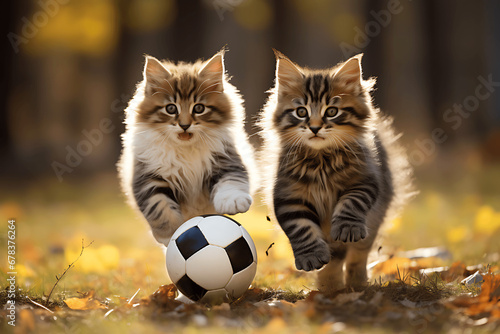 Dos gatos jugando con una pelota en un parque © VicPhoto