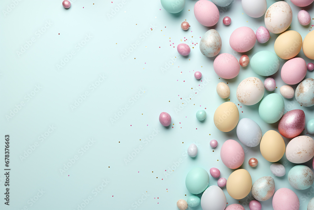 AI. Easter banner with nest, chocolate eggs, on blue background. View from above. Happy Easter greeting card. Space for text.