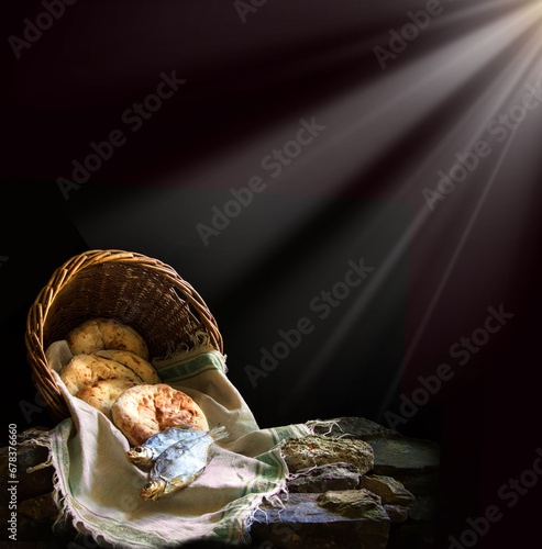 Photography Five loaves and two fish in a basket