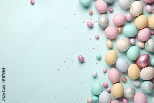 AI. Easter banner with nest, chocolate eggs, on blue background. View from above. Happy Easter greeting card. Space for text.