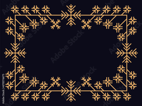 Art deco frame with snowflakes. Vintage linear border. Style of the 1920s and 1930s. Christmas frame design a template for invitations, leaflets and greeting cards. Vector illustration
