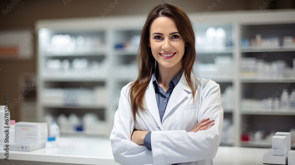 Portrait of attractive happy pharmacist standing with her arms crossed in drugstore and looking at camera. blurry pharmathy background Portrait of attractive happy pharmacist standing with her arms crossed in drugstore and looking at camera. blurry pharmathy background