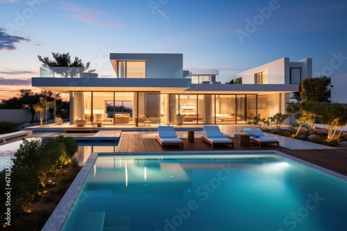 Minimalist cubic house exterior with swimming pool, modern country house, seaside holiday in modern villa, sunset view