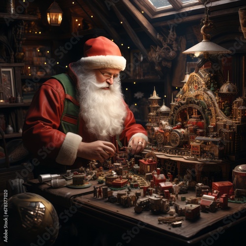 santa claus in his workshop meddling with toys, generative ai 