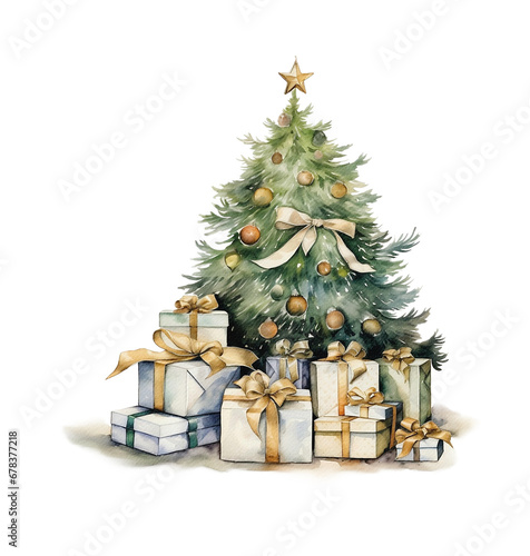 Watercolor Christmas Tree Illustration Cozy Winter Holiday, Christmas tree with gifts, Rustic, Decorated