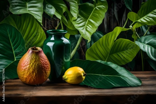 Still life Old green vase on Elephant ear leaf paired Guava rot and lemon rot with on wood table
