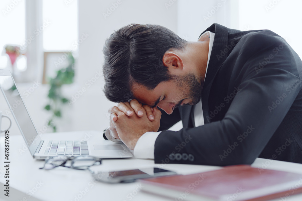 Office man thinking working laptop tired business glasses Office man thinking working laptop tired business glasses