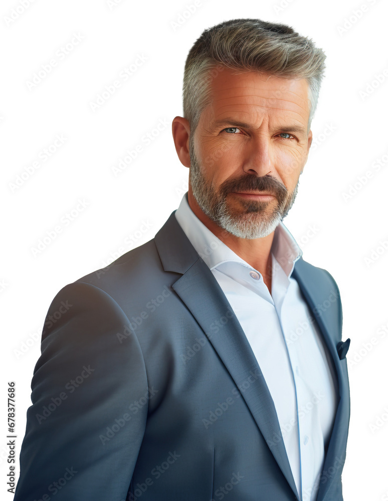 Portrait of a gray-haired American man posing in suit looking at camera showing confidence on PNG transparent background. Corporate portraits Portrait of a gray-haired American man posing in suit looking at camera showing confidence on PNG transparent background. Corporate portraits