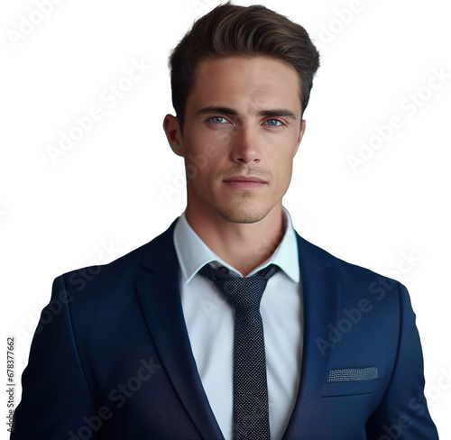 Portrait of white americam male young waring blue suit, with serious face looking at camera on PNG transparent background